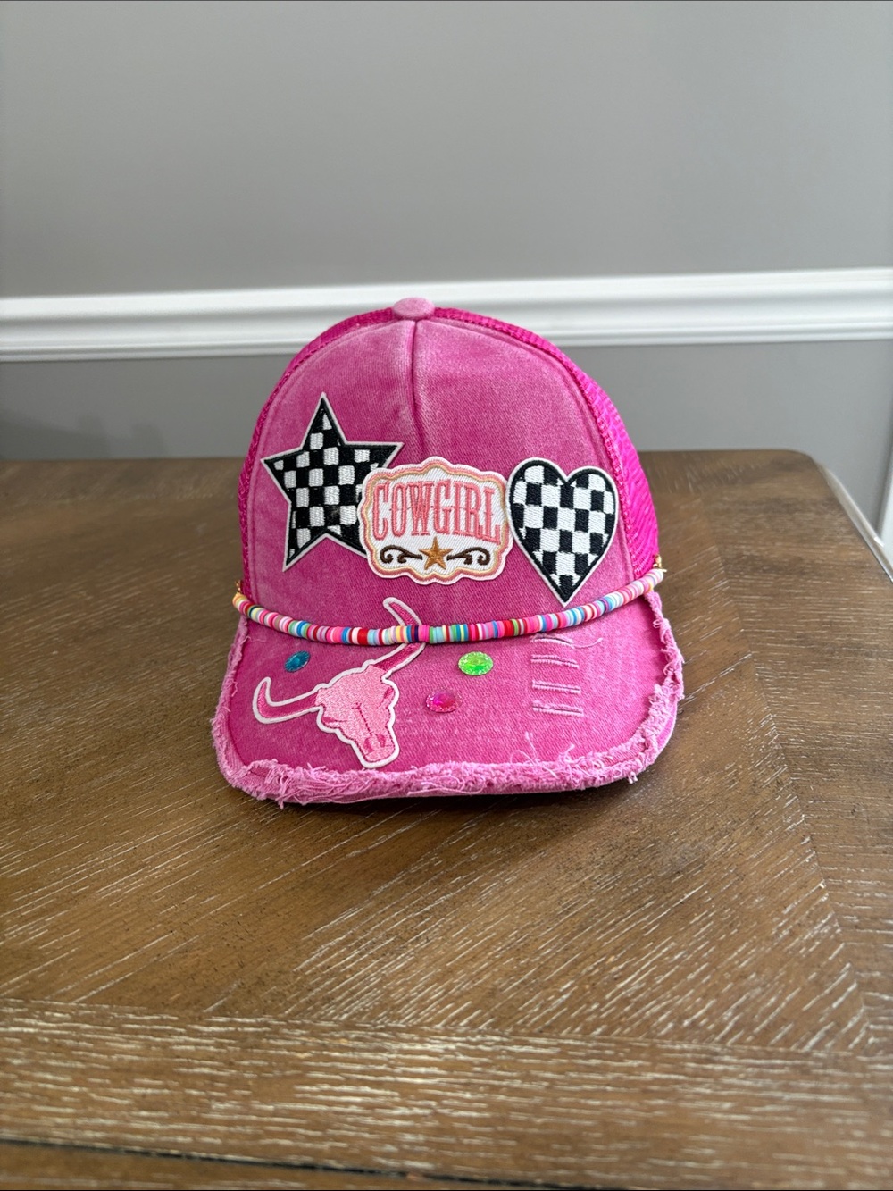 Distressed Pink Baseball Cowgirl Cap with Beaded Trim
